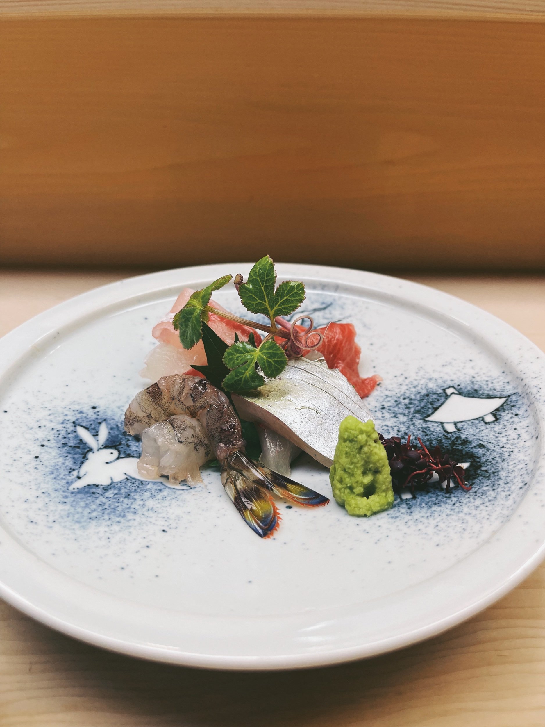 sashimi - tai (sea bream), chu-toro (fatty tuna), and karuma prawns