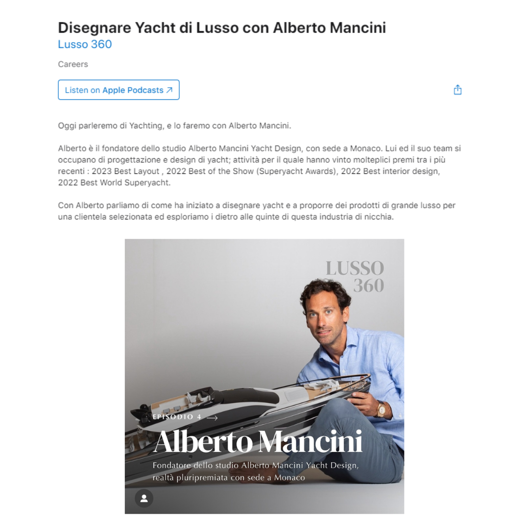 Une page web présentant une interview avec Alberto Mancini, fondateur de Alberto Mancini Yacht Design, avec une photo de lui tenant un yacht miniature.