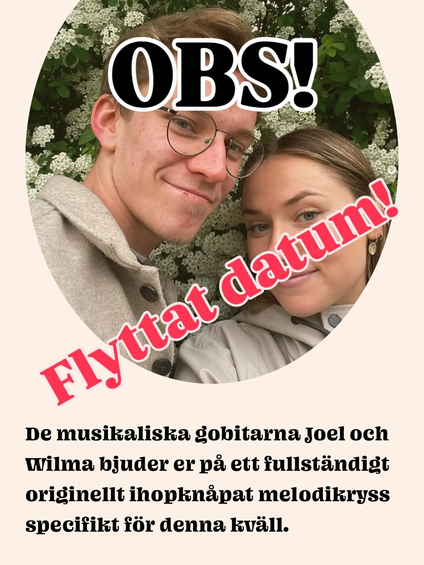 Ibland klaffar inte allt och vi m&aring;ste d&auml;rmed flytta helgens Melodikryss Live! Vi &aring;terkommer inom kort med ett nytt datum. H&aring;ll till godo! 🌻