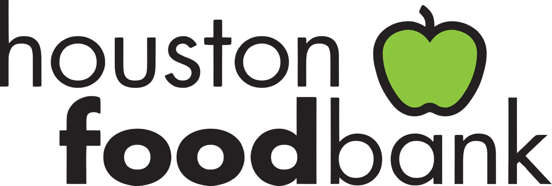 Stylized logo with the words 'Houston Food Bank' in black text, a large green apple icon, and lime green accents.