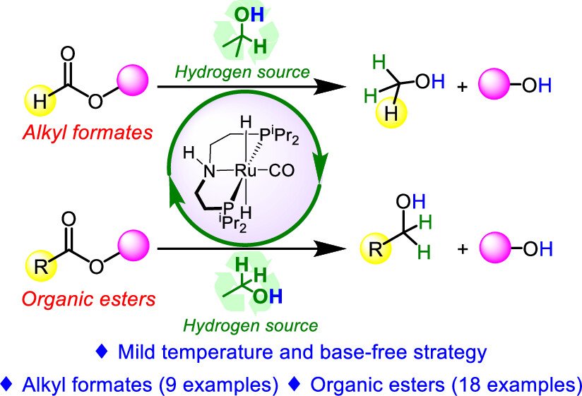 Base-Free Catalytic Transfer Hydrogenation of Alkyl Formates and Organic Esters at Mild Temperature
