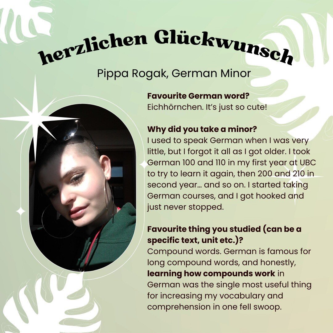 💫 Alles Beste, Pippa!

🎨 Pippa Rogak graduated with a major in Religious Studies and a minor in German.

📖 Check out the full article about their experience with our German program: https://bit.ly/3AeIfpE

#ubcgerman