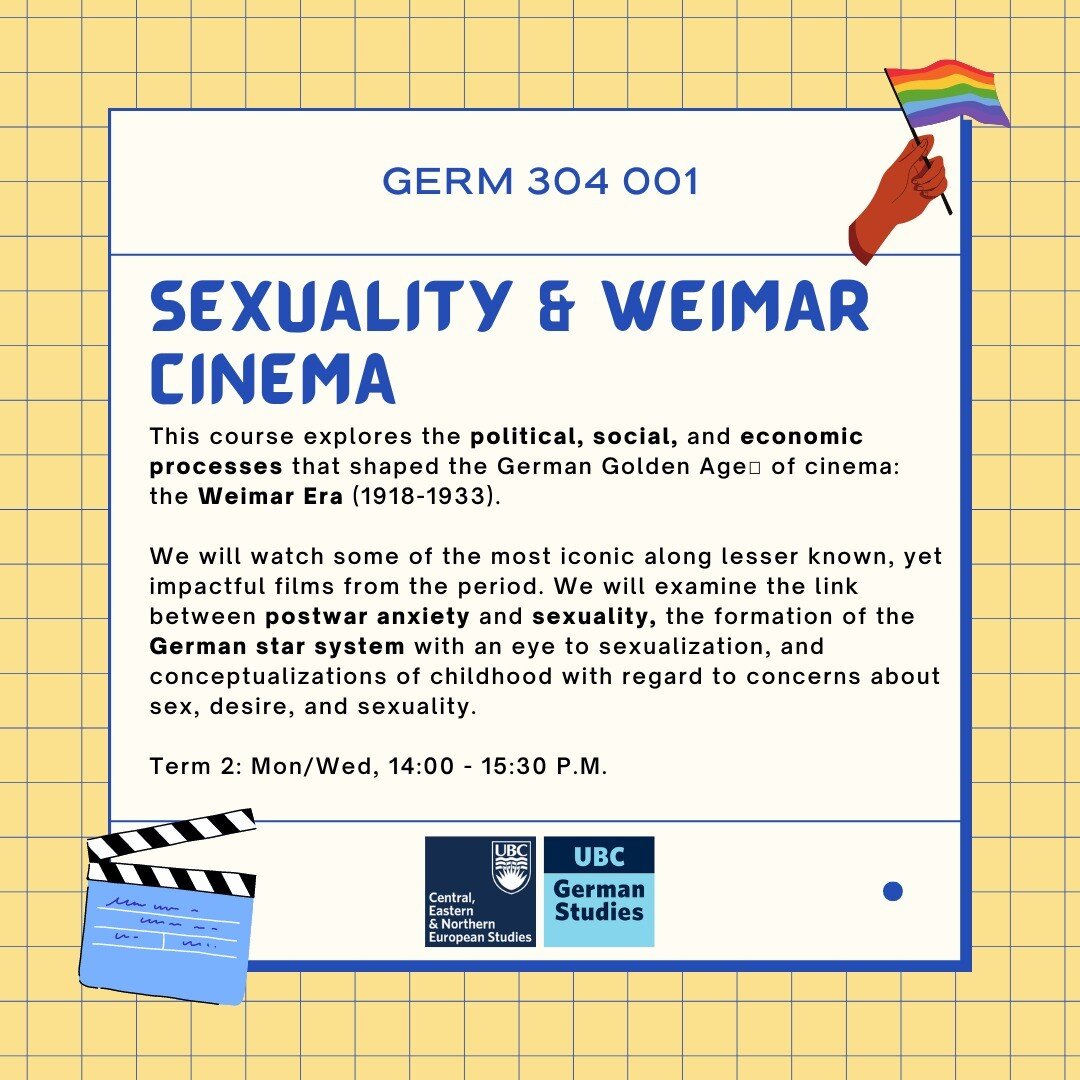 🌸PART 2 of UBC German courses taught in English:
 
1. Sexuality &amp; Weimar Cinema
2. German Cinema 
3. German Cinema: Reel Cities
4. Shadows and Screams: Germanic Horror Films from Expressionism to Today
5. The Culture of Nazism
6. Words and Music