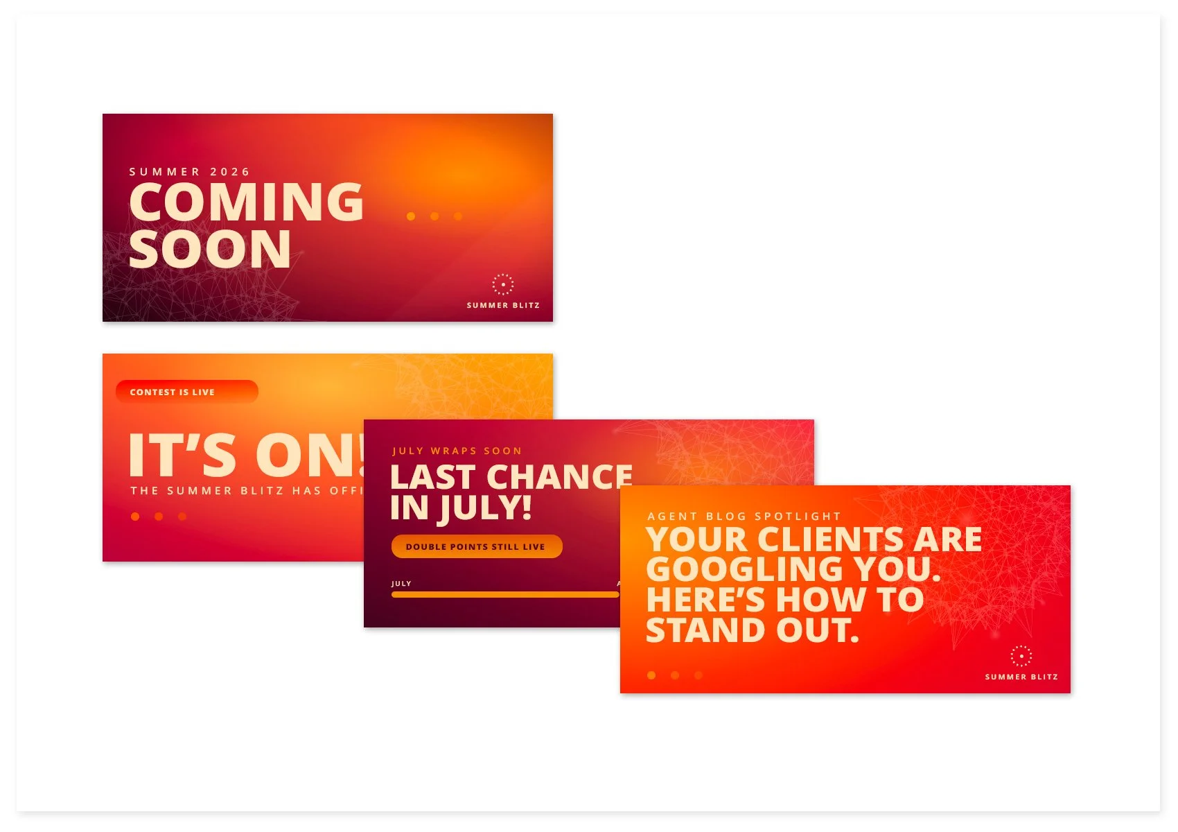 I developed the visual identity and original artwork for RelianceAI’s Summer Blitz, an internal contest designed to build excitement and engagement throughout the summer. I extended the campaign across a series of email graphics, creating a bold, ene