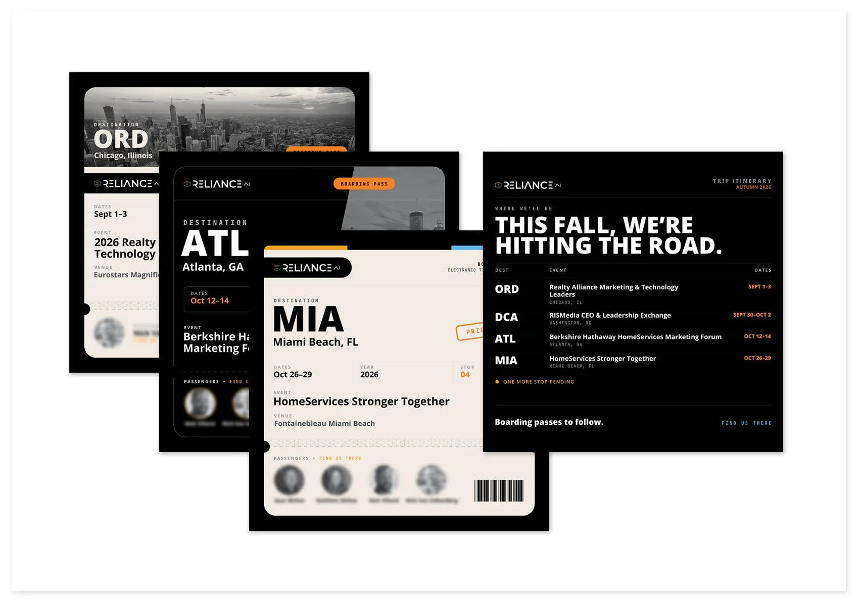 I created a travel-inspired social campaign announcing RelianceAI’s fall conference schedule, using boarding passes and trip itineraries to turn a series of event announcements into a cohesive visual story. I developed the concept and original artwor