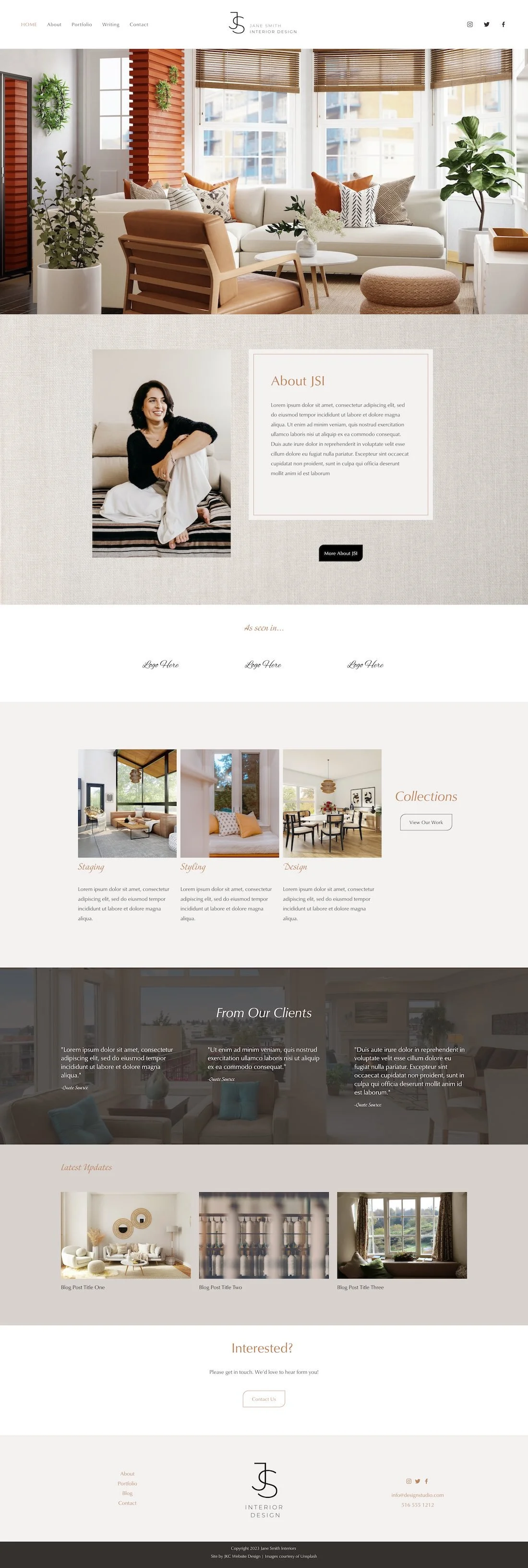 An interior design website homepage featuring a spacious living room with large windows, plants, a white sofa, and wooden accents, along with sections about the designer, collections, client testimonials, blog updates, and contact information.