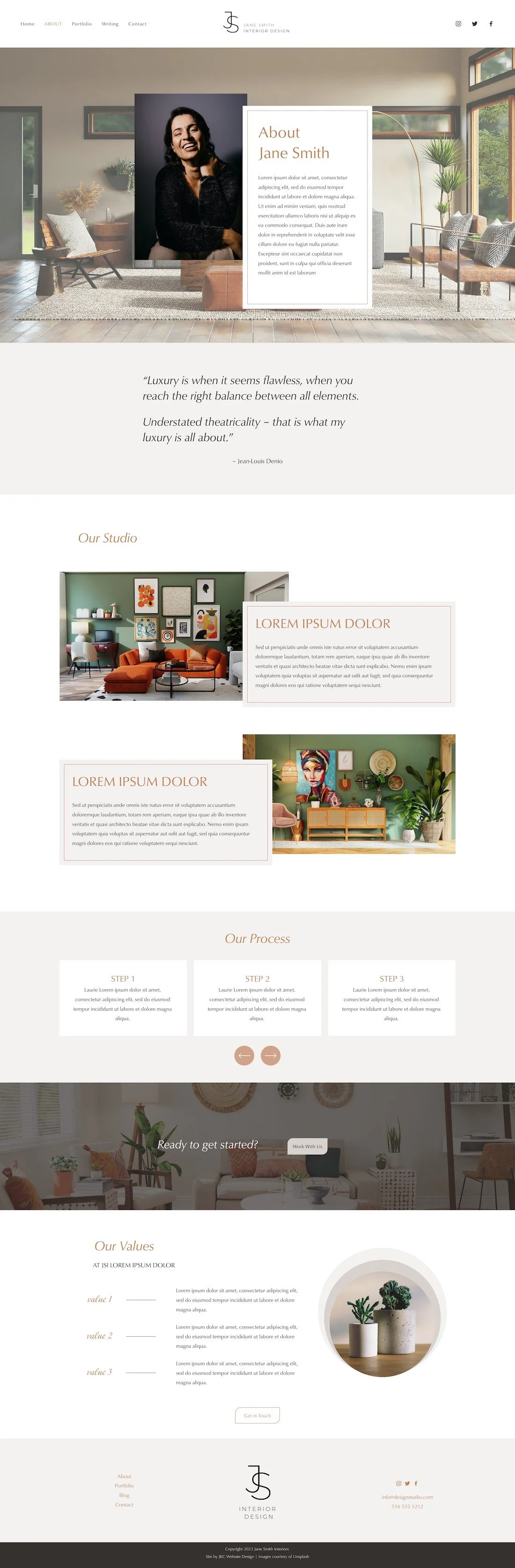 Interior design website homepage featuring images of modern living rooms and studio spaces, with sections for about, portfolio, process, values, and contact information.