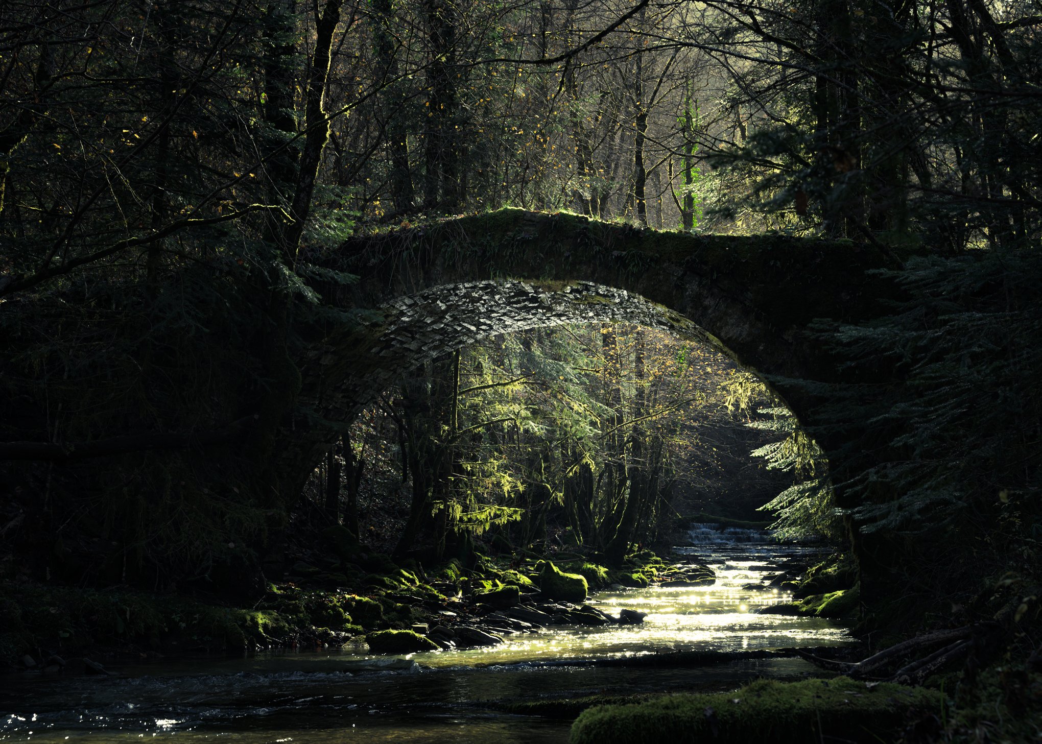 An ancient stone bridge covered in moss arches over a gently flowing forest river, with dappled sunlight reflecting off the water.