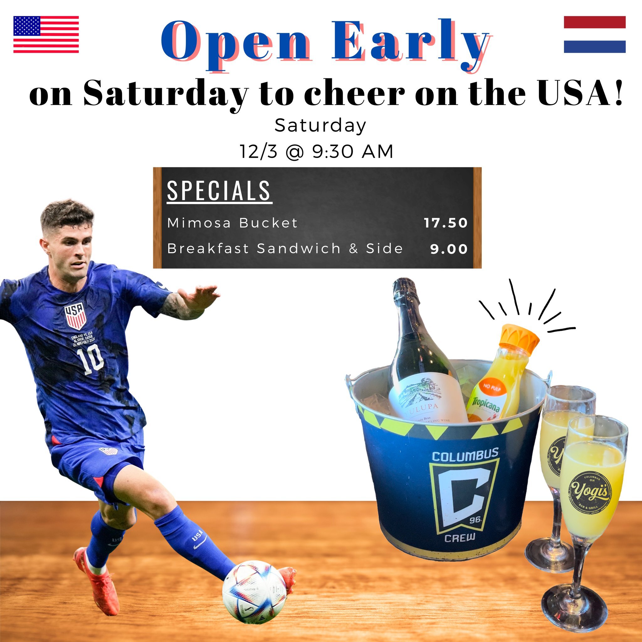 USA! USA! USA! 🇺🇸 Join us at Yogi's to Cheer on the USA with all your friends &amp; a Bucket of Mimosas! 🥂See you Saturday at 9:30am ⚽ #worldcup #WorldCup2022 #usa #fifaworldcup #FIFAWorldCup2022 #yogisbarandgrill