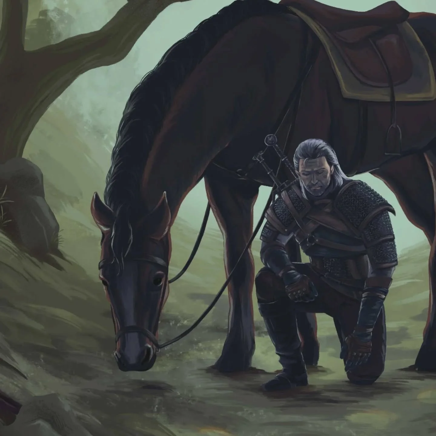 More details from my latest piece &quot;The Prowling Wolf&quot; for @herocomplexgallery 

I loved incorporating the little details like the witcher pendant, the sigils, and Geralt's silver and steel swords. 

#cdprojektred #thewitcher #alternativepos