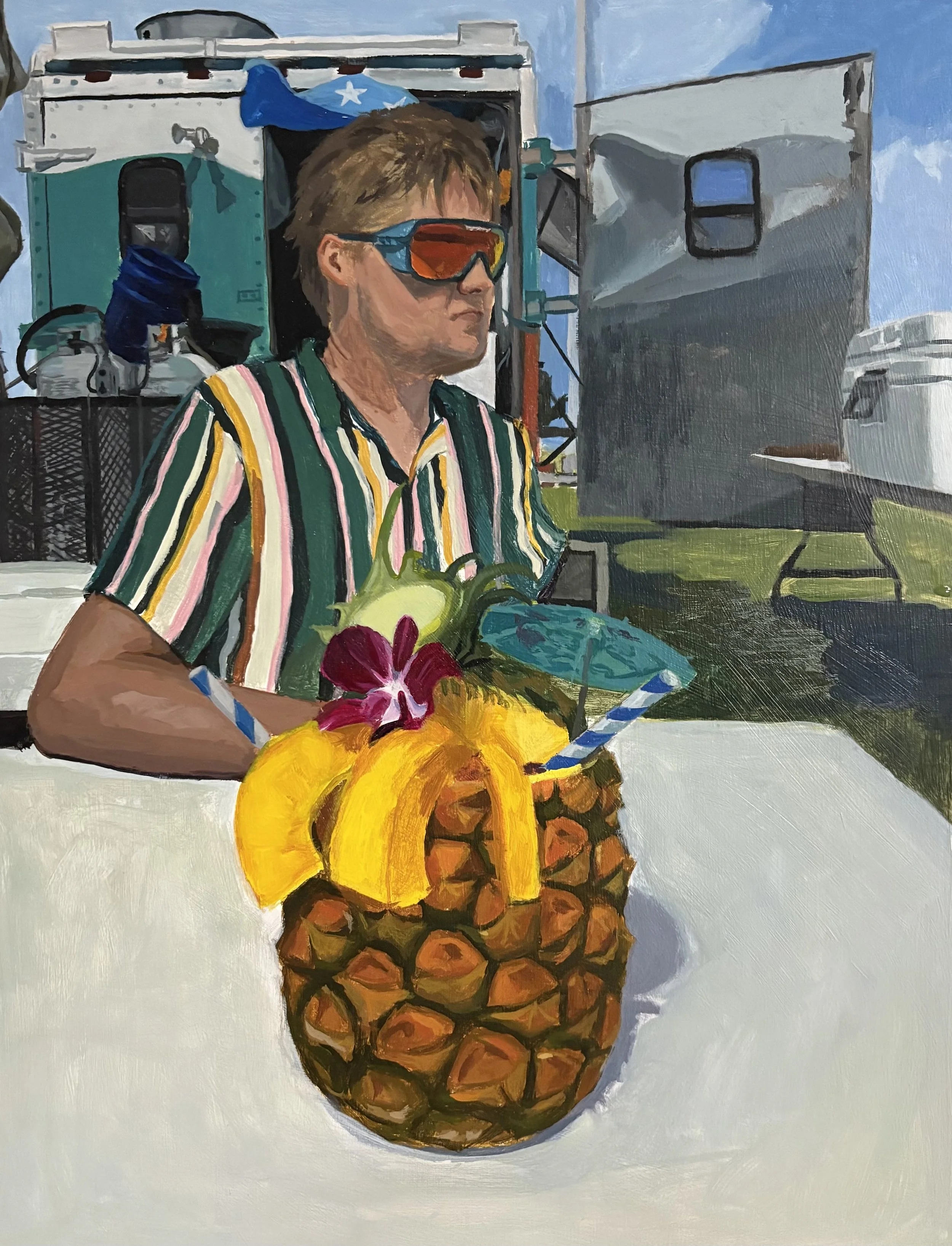 Painting of a man with brown hair wearing red sunglasses and a striped shirt, sitting at a table with a pineapple decorated as a drink container, topped with tropical fruits and an orchid flower, set outdoors with trailers and blue sky in the backgro