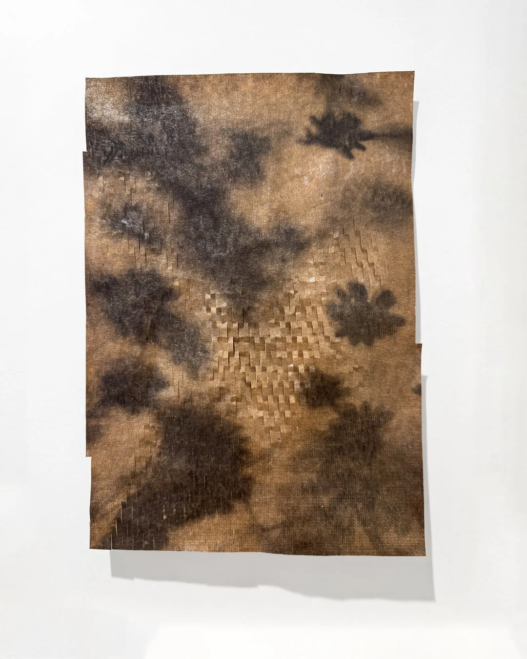 Wall-based paper lattice with nature imagery; expanded honeycomb structure, Held Gently series