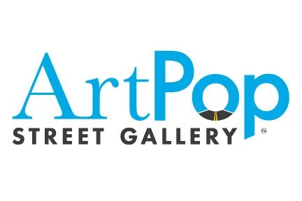 Logo of ArtPop Street Gallery featuring stylized text with a small street sign in the letter 'O' in 'Pop'.