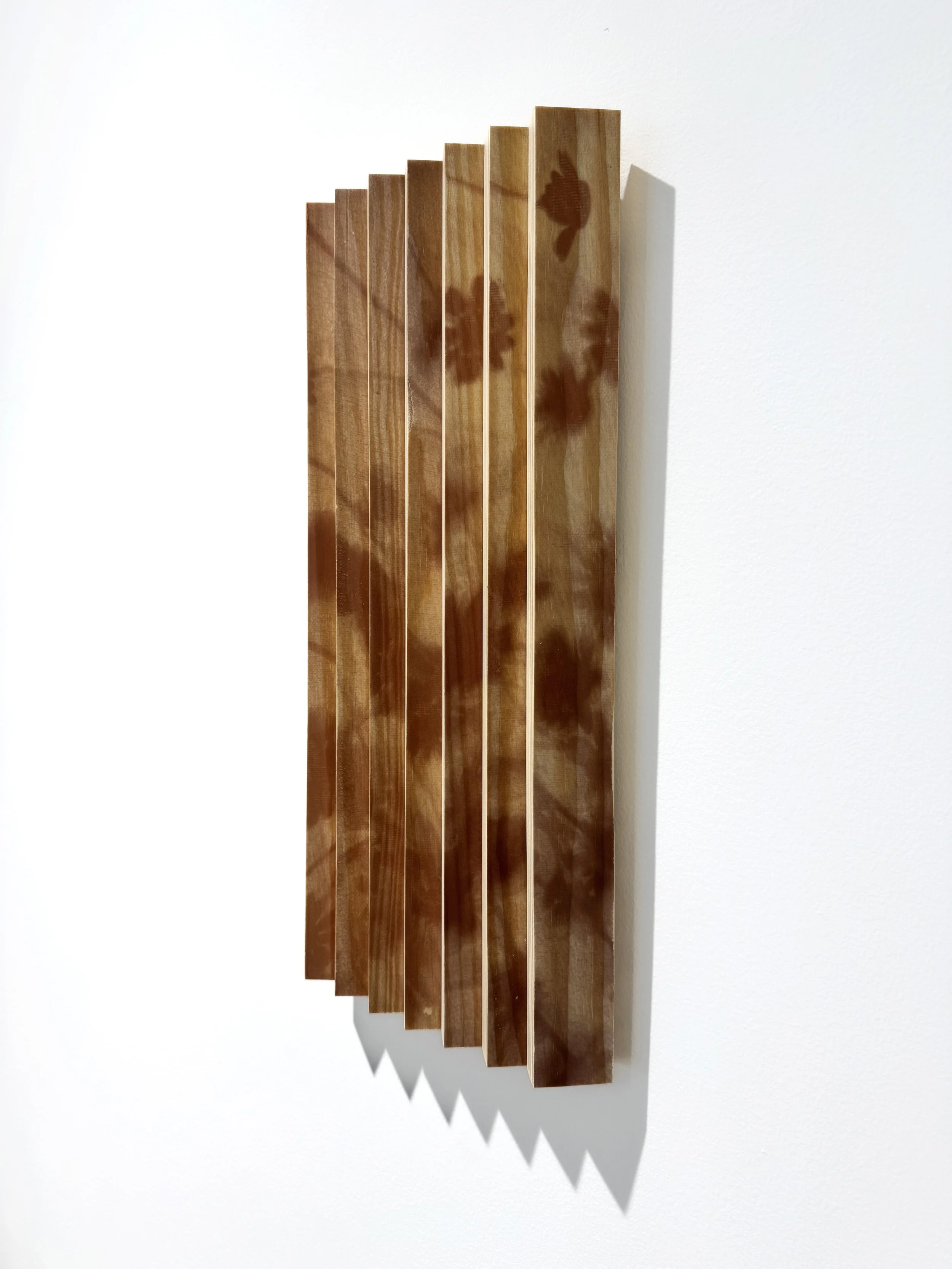 Angled view: Fragment IV on pine seen at an angle; dimensional wall-based object with visible wood surface.