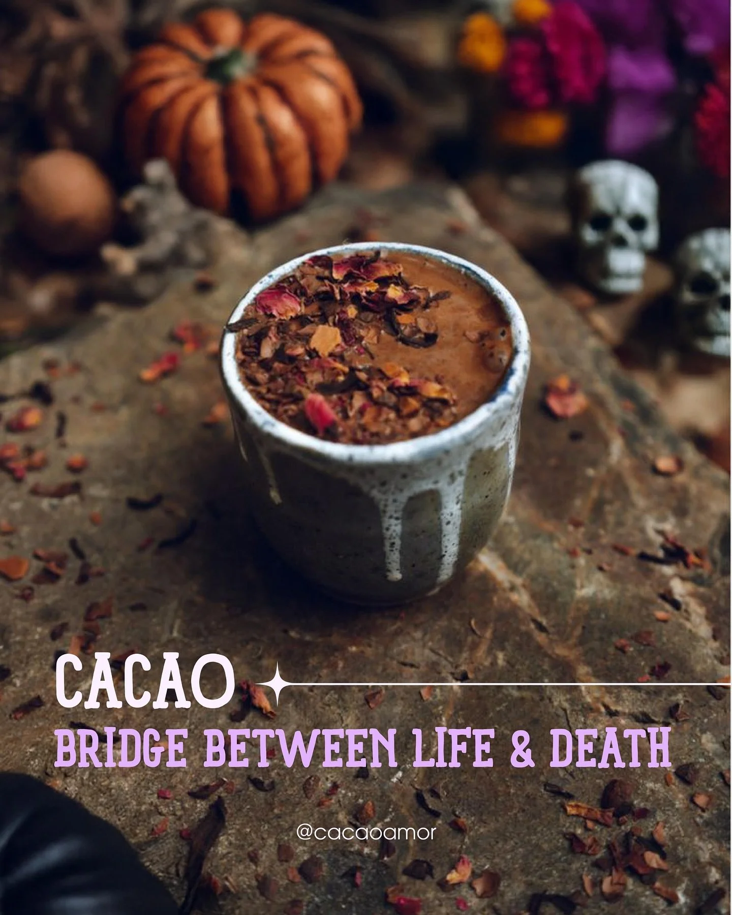 🔮As the veil between worlds grows thin, we remember that death is not an ending but a return.

Cacao, is the bridge between life and death, teaches us to walk gently with what has been lost, and to listen for what still whispers through our hearts.
