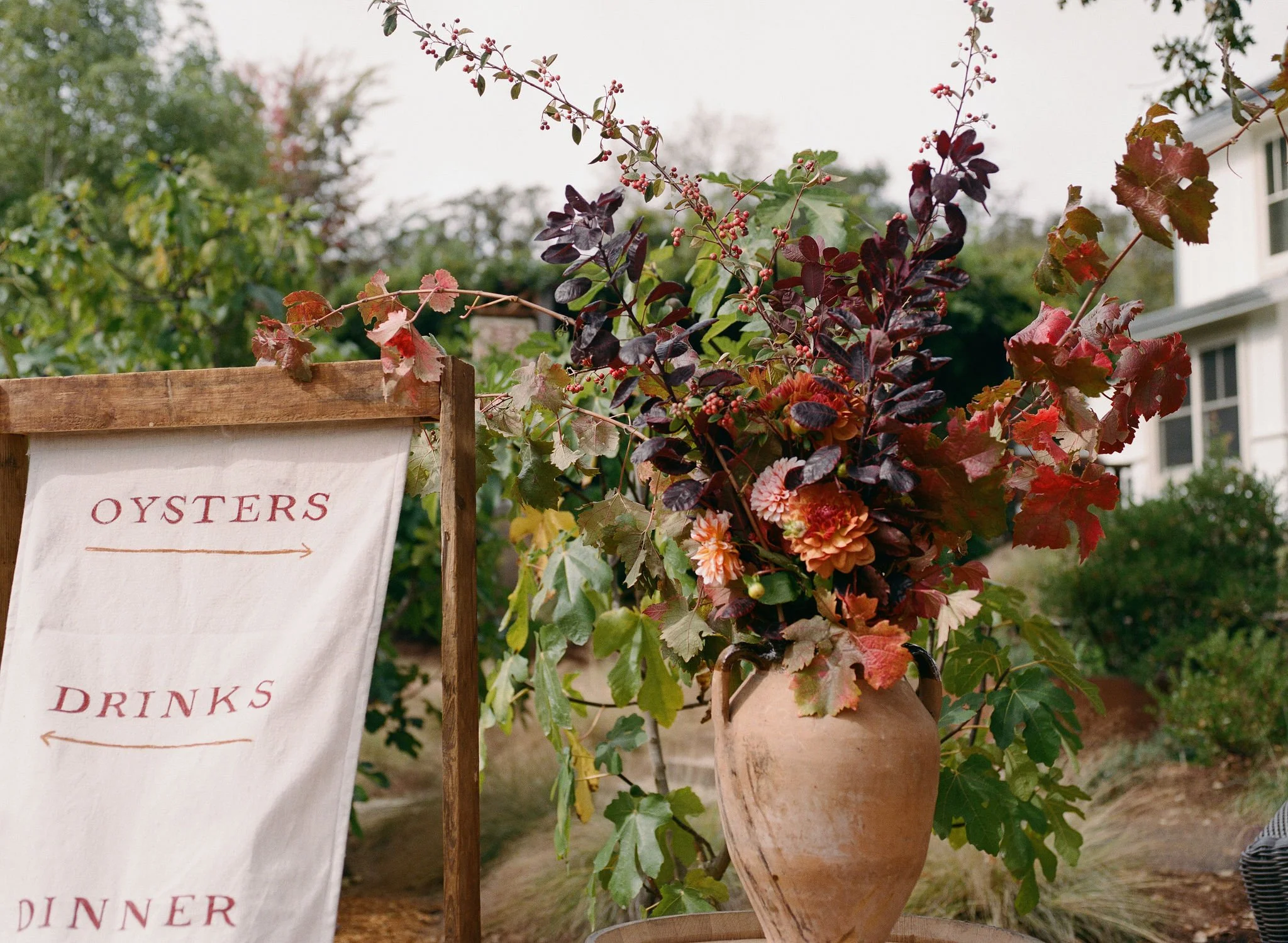 Sonoma, California wedding details on film, DIY flowers and signage