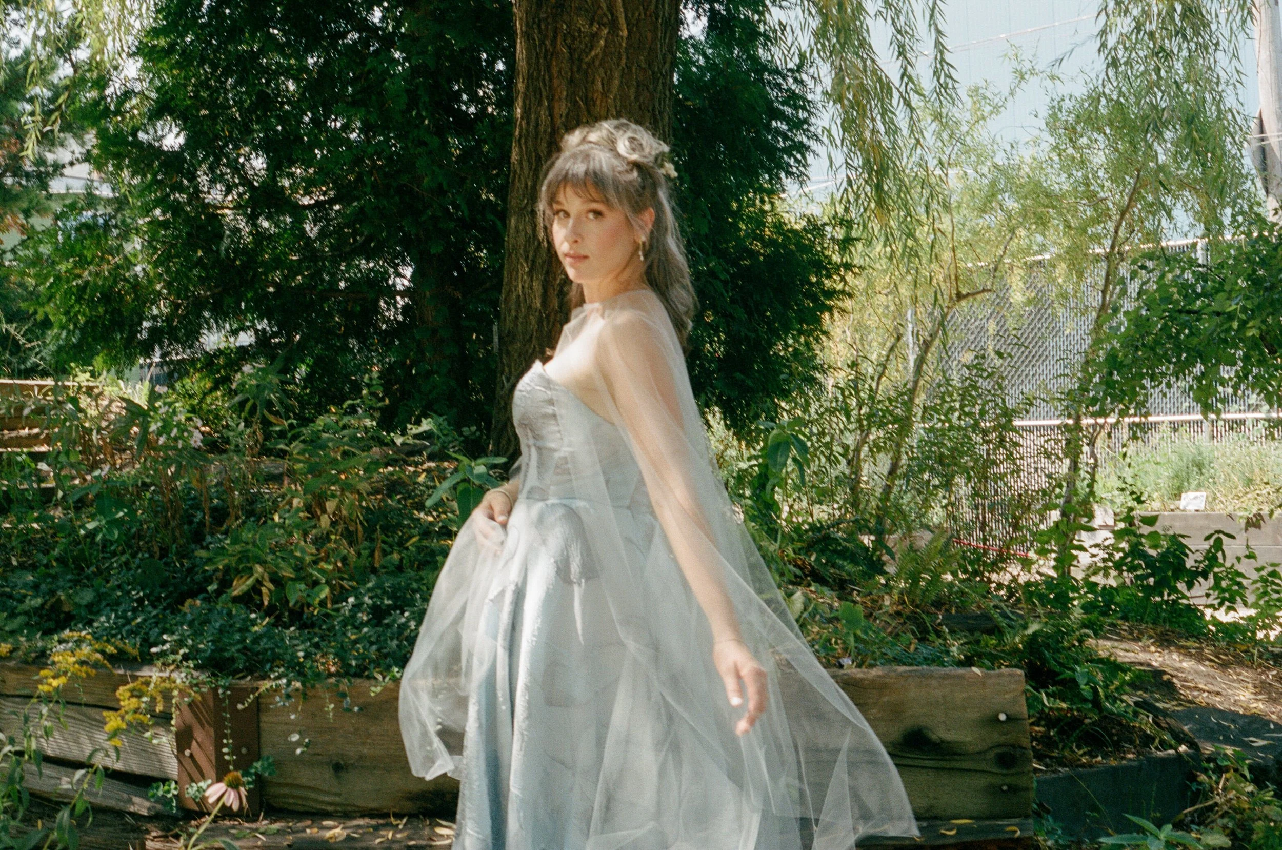 Brooklyn NY Wedding at Pioneerworks, bride wears a blue custom wedding dress and is whimsy