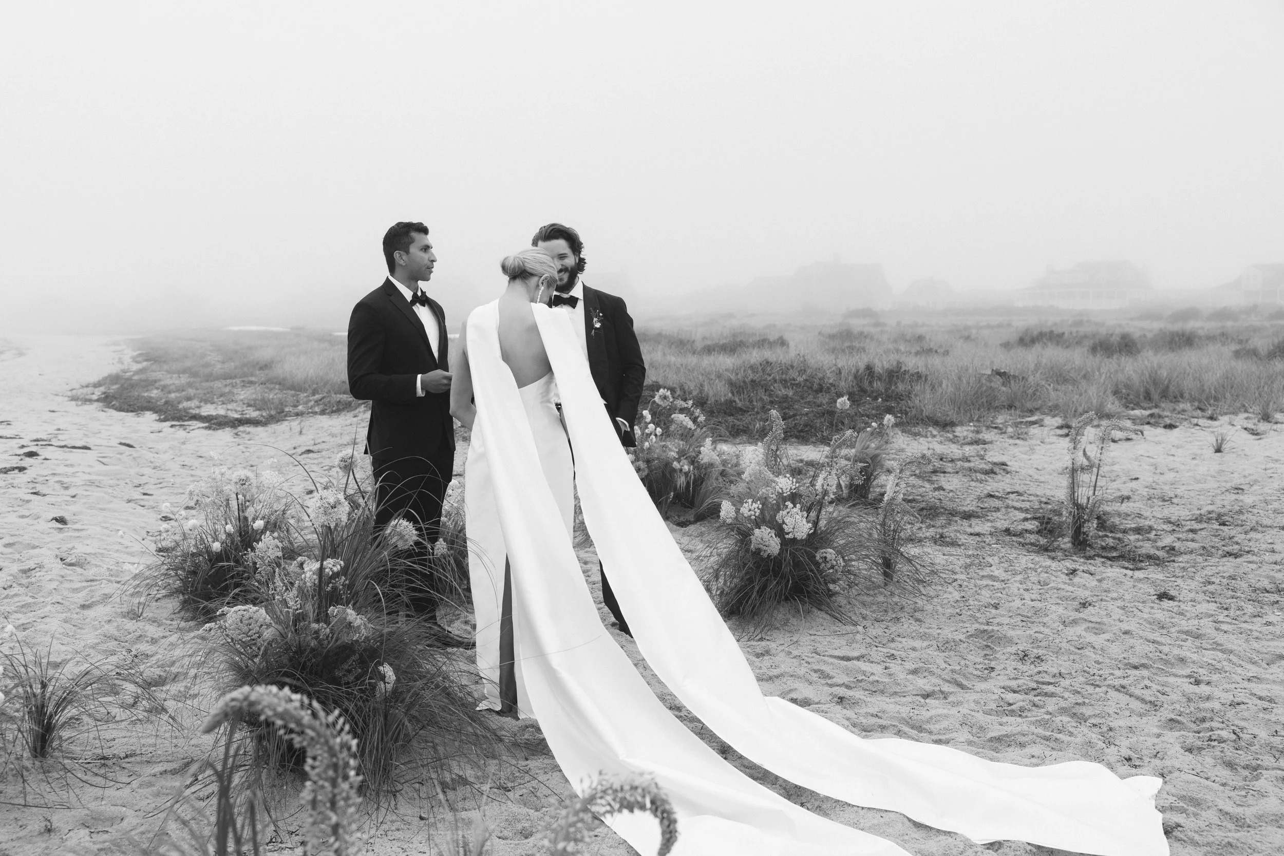 Nantucket wedding on film at The Wauwinet. Beachfront ceremony with florals by Nuude Botanica.