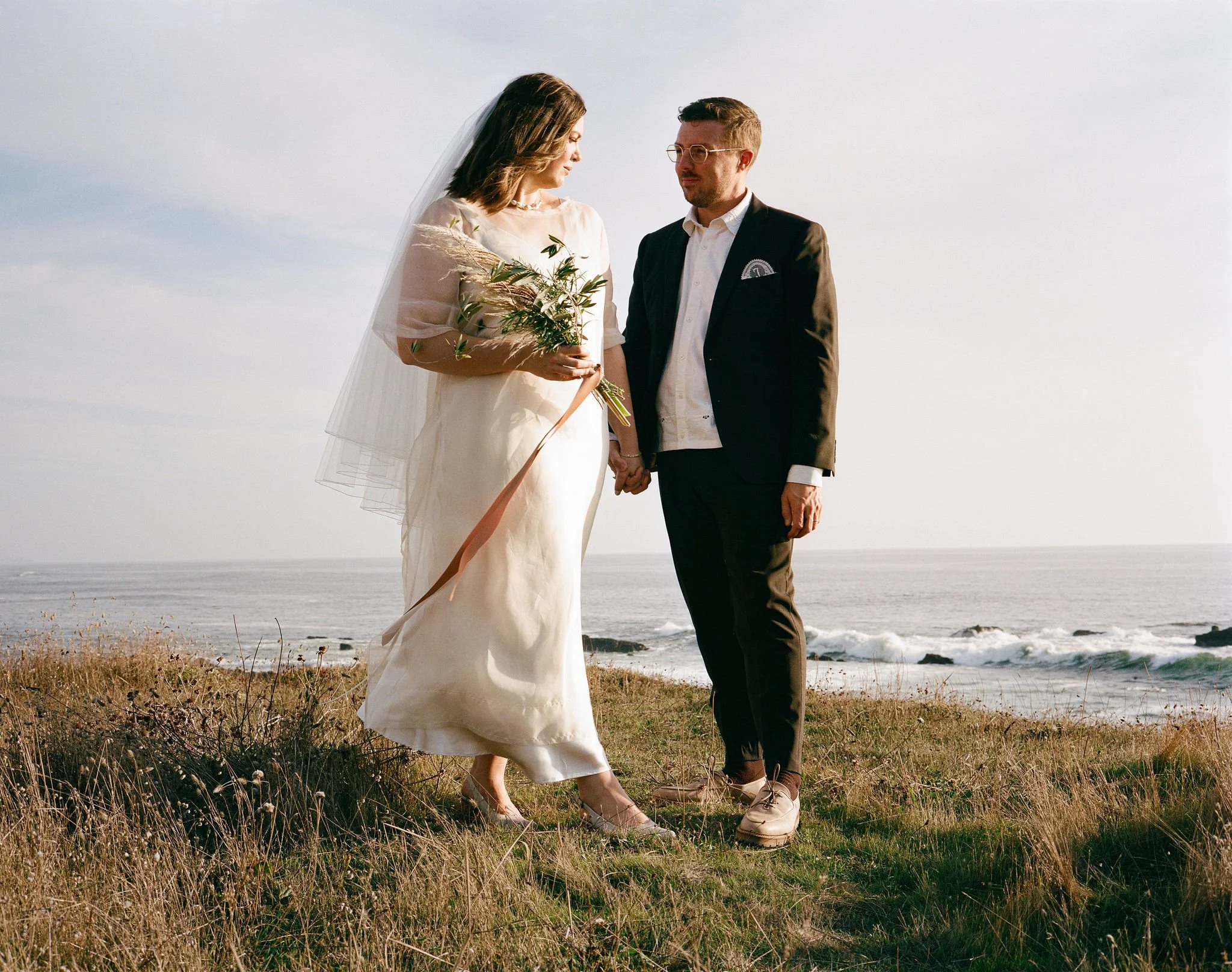 Sea Ranch, California wedding. Bride and groom portraits on film.