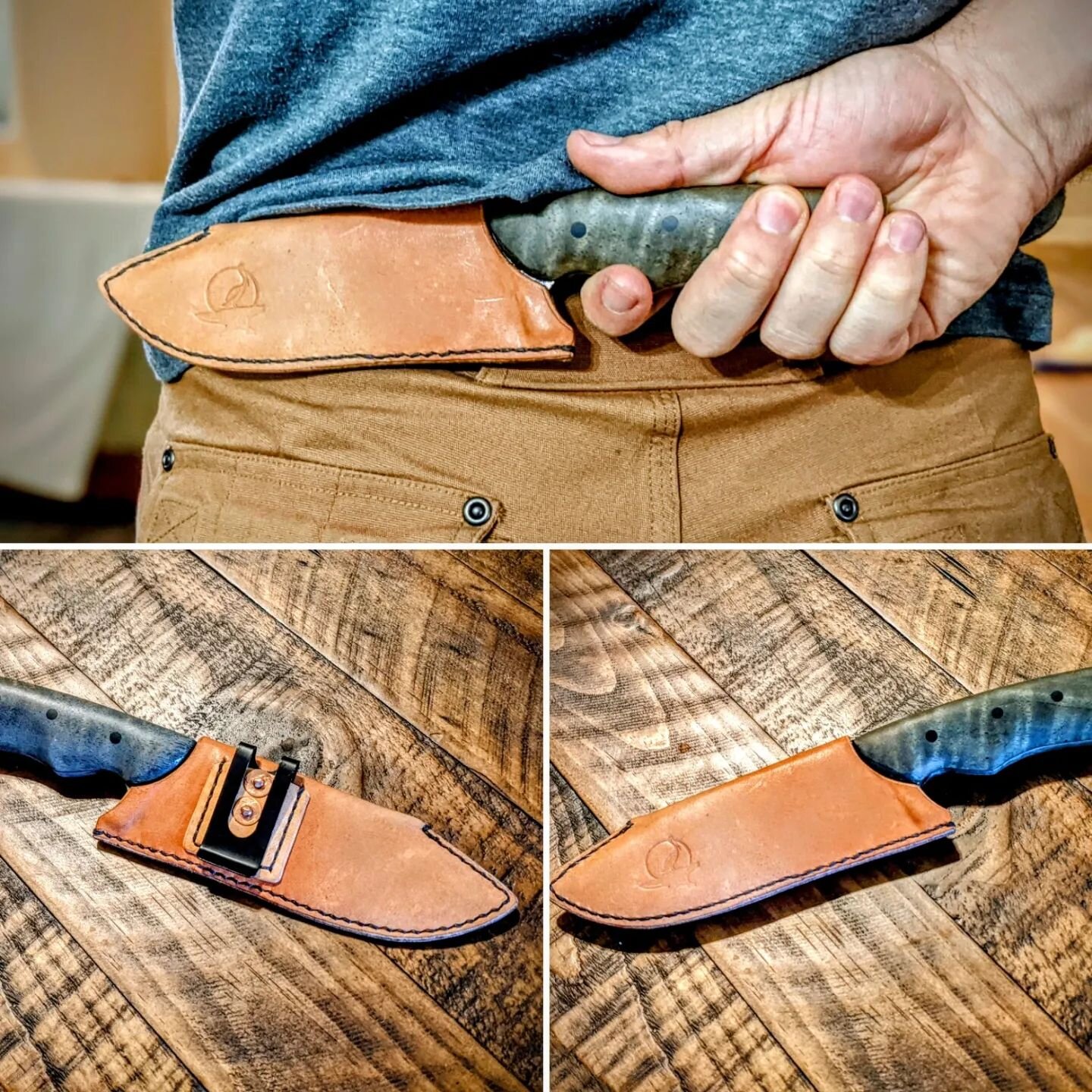 Horizontal slip-fit sheath can be worn with or without a belt. Designed for a behind the back carry. Mink oil treated vegtan from @hermannoakleather and @mainethread waxed thread in black 👌

#leather 
#leathercraft 
#leatherwork 
#vegtan 
#saddlesti