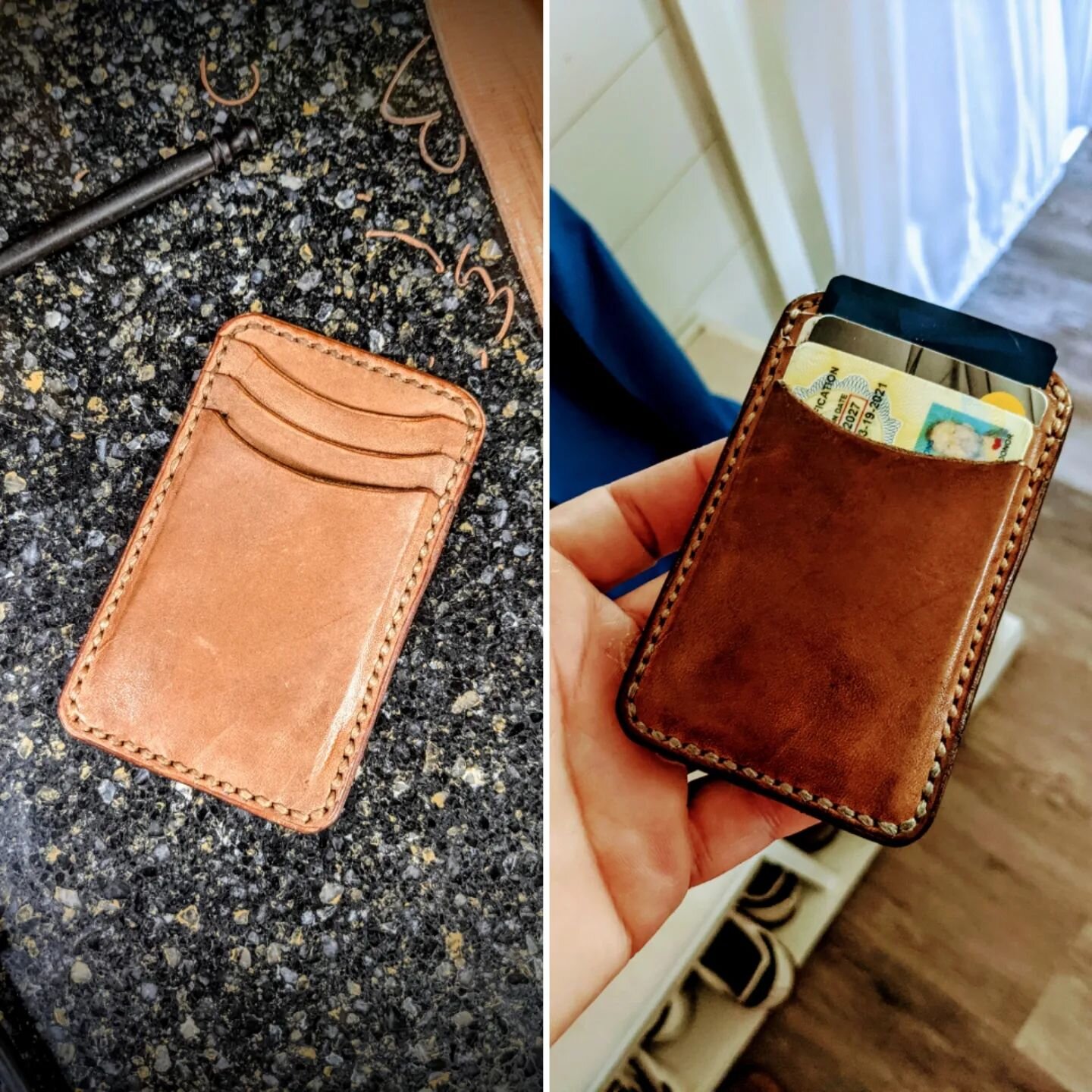 1 year of natural patina on this little card wallet I made for myself last summer. Lots of folks go for dyed and oil tanned leather goods but man the beautiful aging you get from clean unadulterated vegtan is like no other. 👌

#leather 
#leathercraf