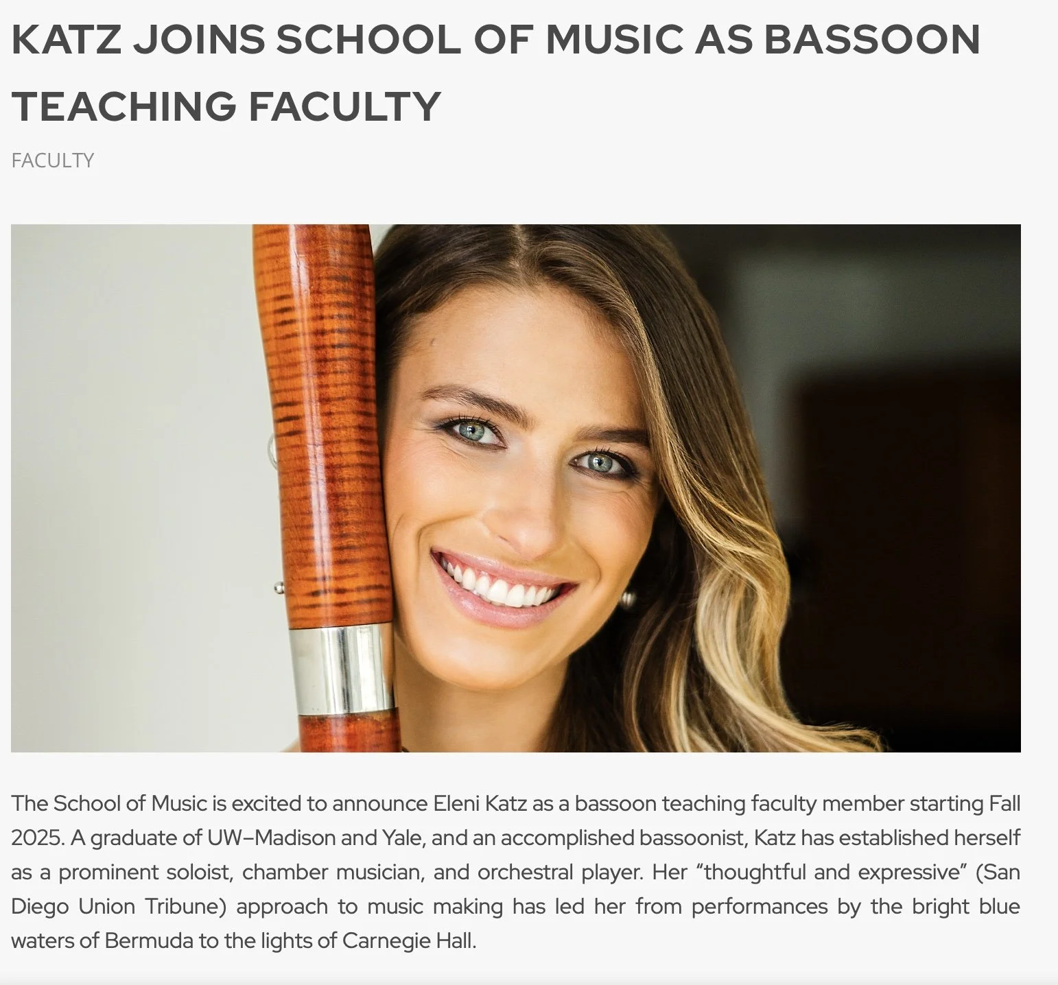 KATZ JOINS SCHOOL OF MUSIC AS BASSOON TEACHING FACULTY