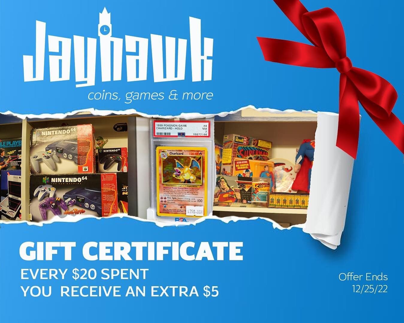 @jayhawkcoinsgamesandmore is having a gift certificate promo. For every $20 spent you get an extra $5. Promotion will last until Christmas.

#monday #giftcertificate #videogames #cards #tradingcards #actionfigures #funko #funkopop #pops #sportsmemora