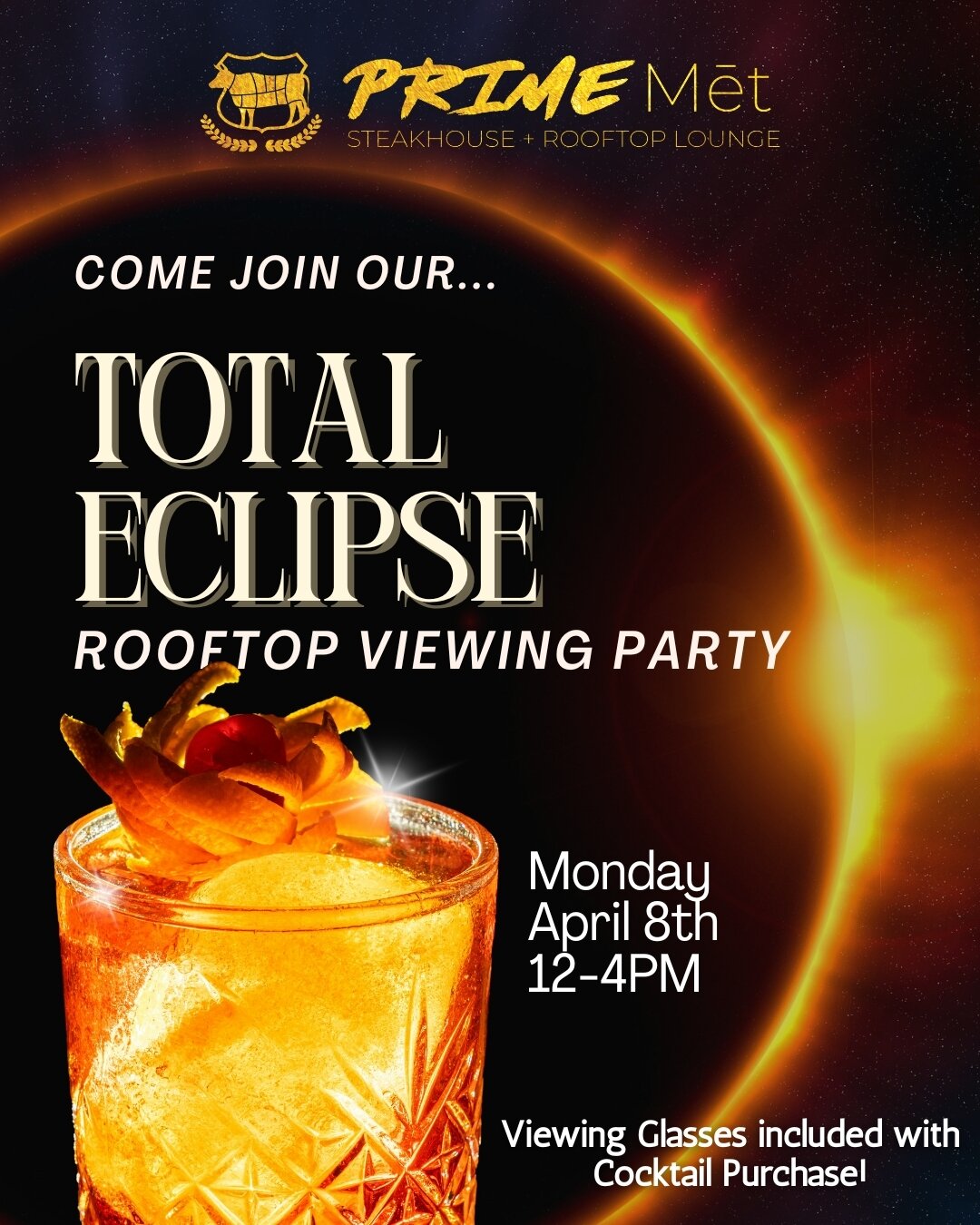 Join us on our rooftop for a rare solar total eclipse viewing party next Monday, April 8th. Receive complimentary viewing glasses with purchase of a cocktail from 12-4pm. 🍸 See y'all there as we witness the sky's spectacular show! 🌑✨🔭😎

#primemet