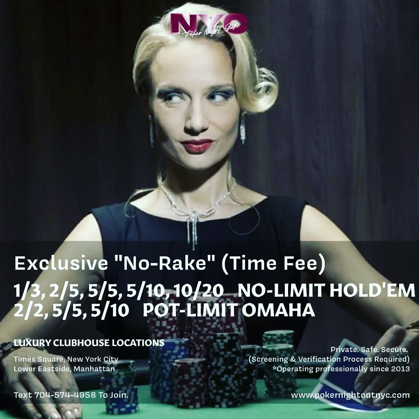 CAN'T BEAT THE RAKE???

Daily &quot;NO-RAKE&quot; Games
Luxury Clubhouses in NYC!
Low Stakes ~ Cash Action
High Stakes ~ Rake-Free
Private. Safe. Secure

CHEAPEST GAME FROM HERE TO PARX!
.
(704) 574-4958 to Join

pokernightoutnyc.com

.
#nycpokerclub