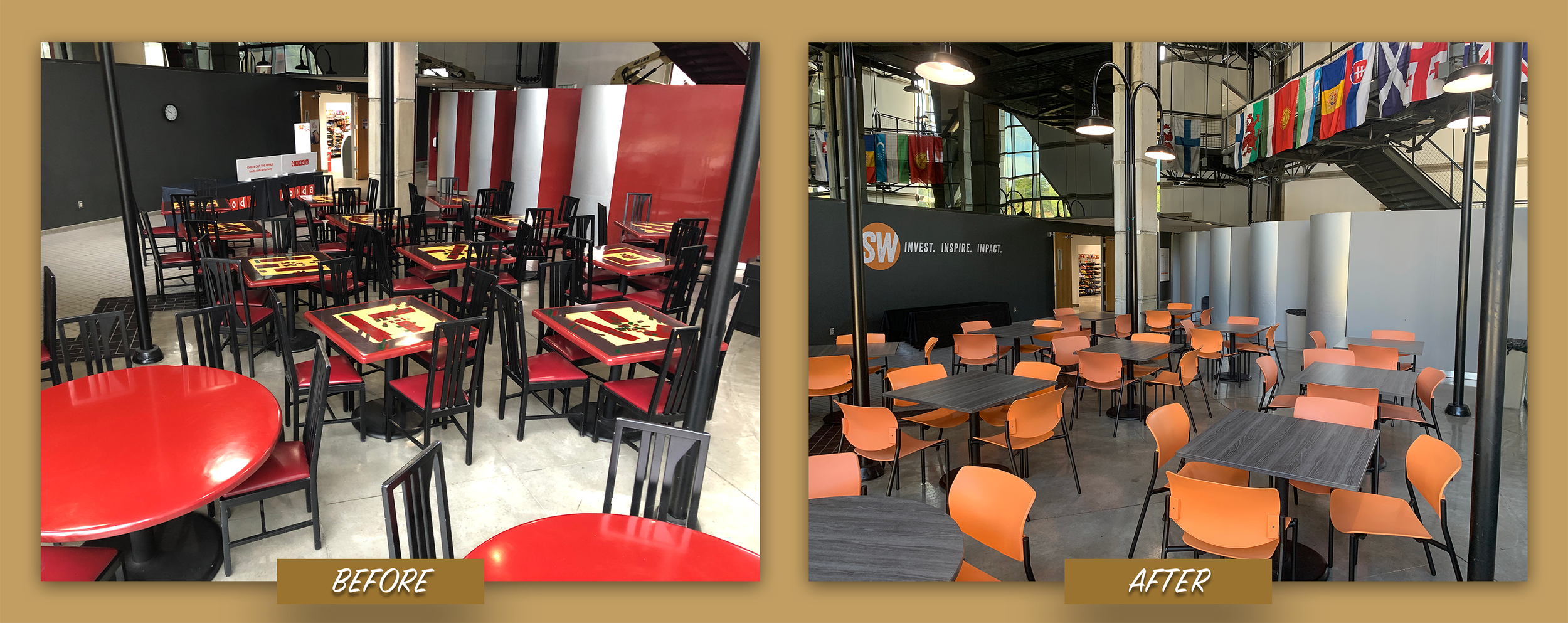 I designed a wall decal to dress up the wall, and added the Southwestern brand orange color pop with new chairs and chose a neutral textured color option for the tables which also tie in the back of the display case nicely.