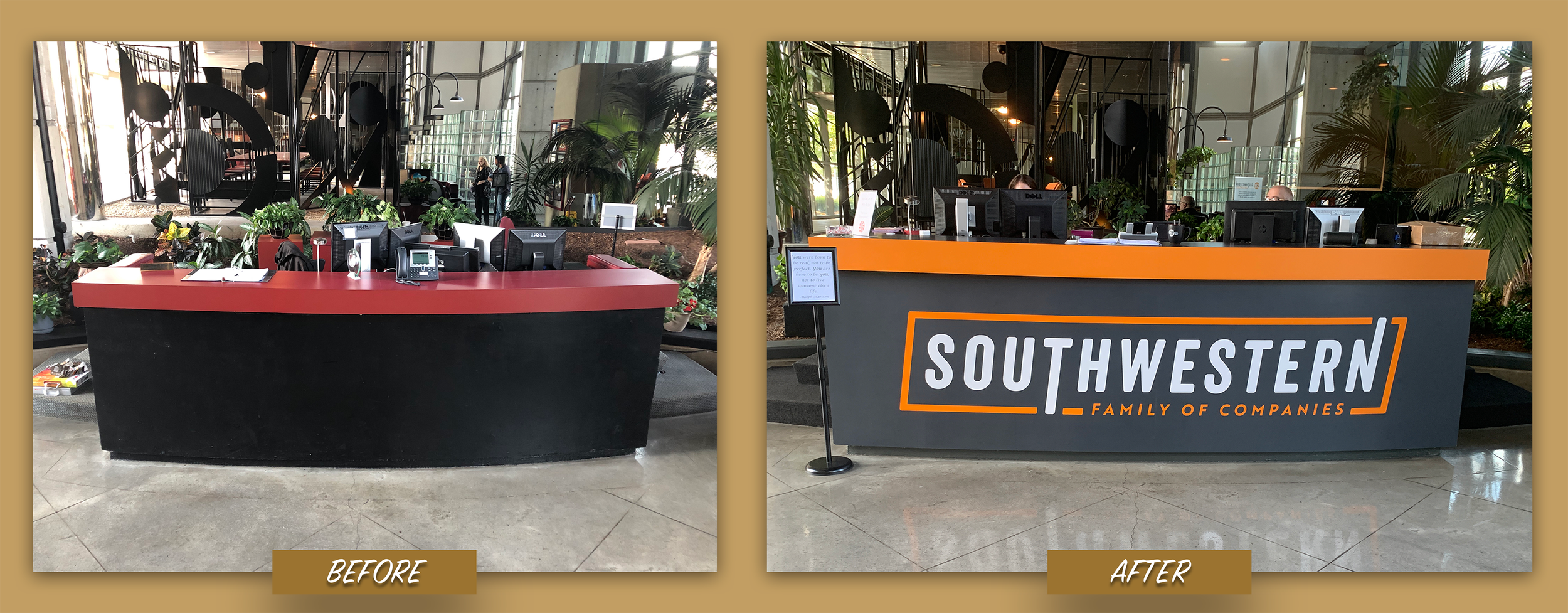 For a more cost-effective option, I re-designed the front desk utilizing the old desk structure with slight build modifications, creating the new look with vinyl, new paint, and logo decal.