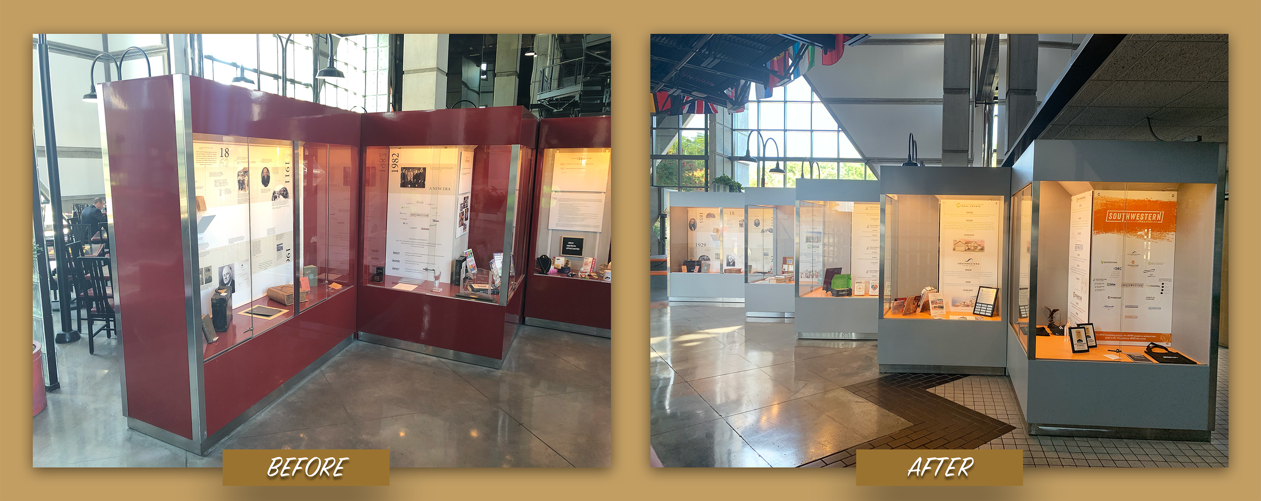 In the same fashion as the front desk, I utilized the existing display case and did a complete re-color, as well as redesigned all panels inside and organized each companies swag to display by their panel.