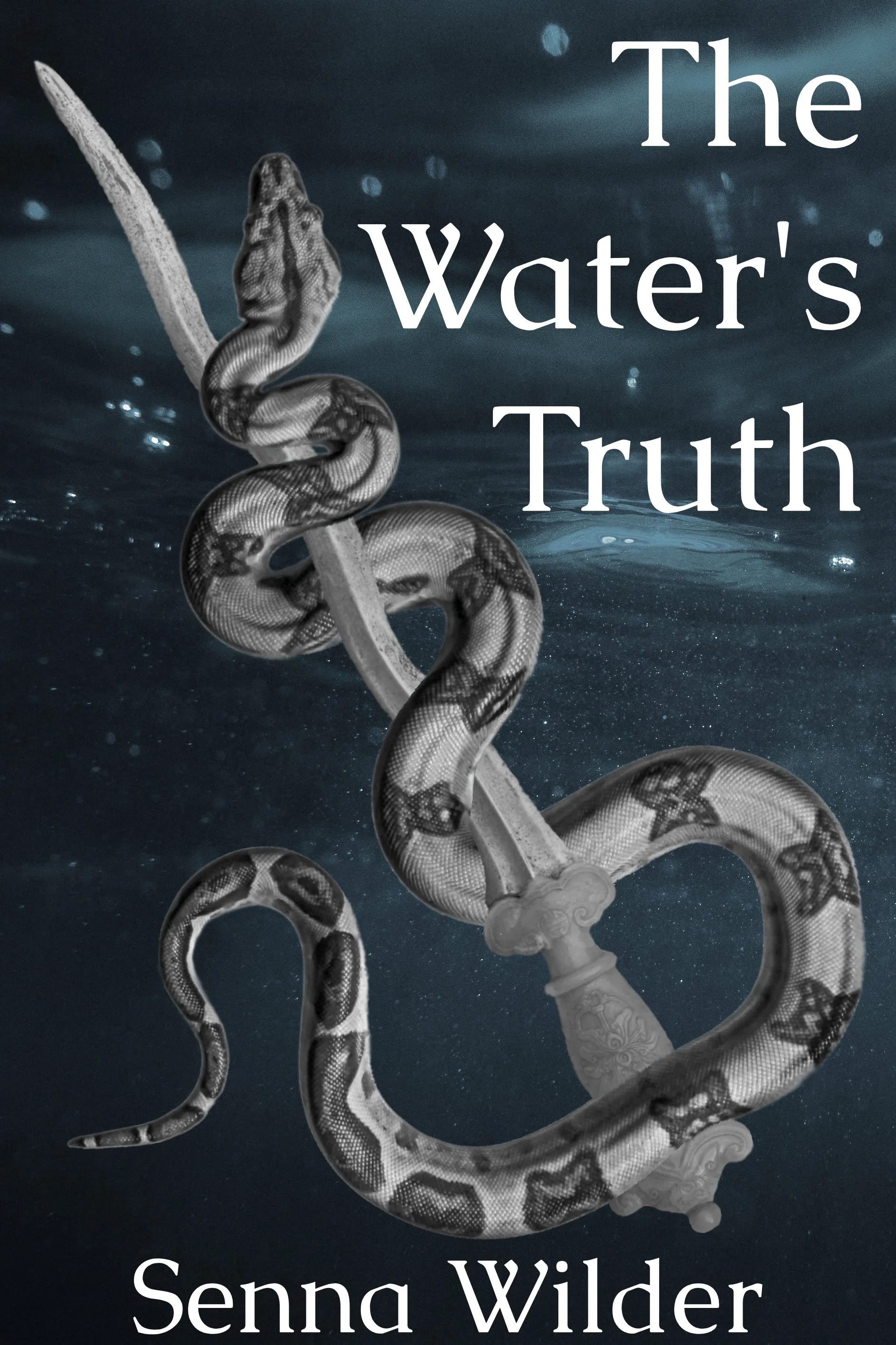 the cover of The Water's Truth by Senna Wilder, a romantasy enemies to lovers book. On the cover is a snake wrapped around a dagger in gray and white with a deep blue ocean in the background.