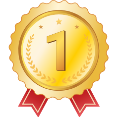 Gold medal with number one and red ribbons