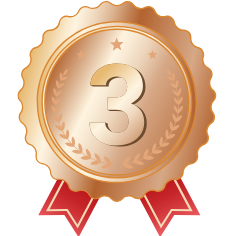 Bronze medal with number three and red ribbons.