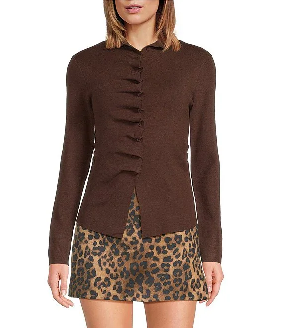 Lucy Paris Bridge Ruffle Scoop Neck Long Sleeve Sweater - Brown