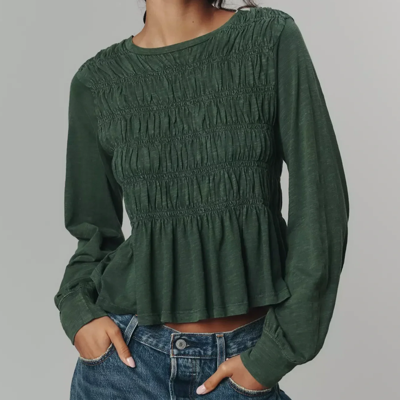 Pilcro Long-Sleeve Smocked Top - Forest Green