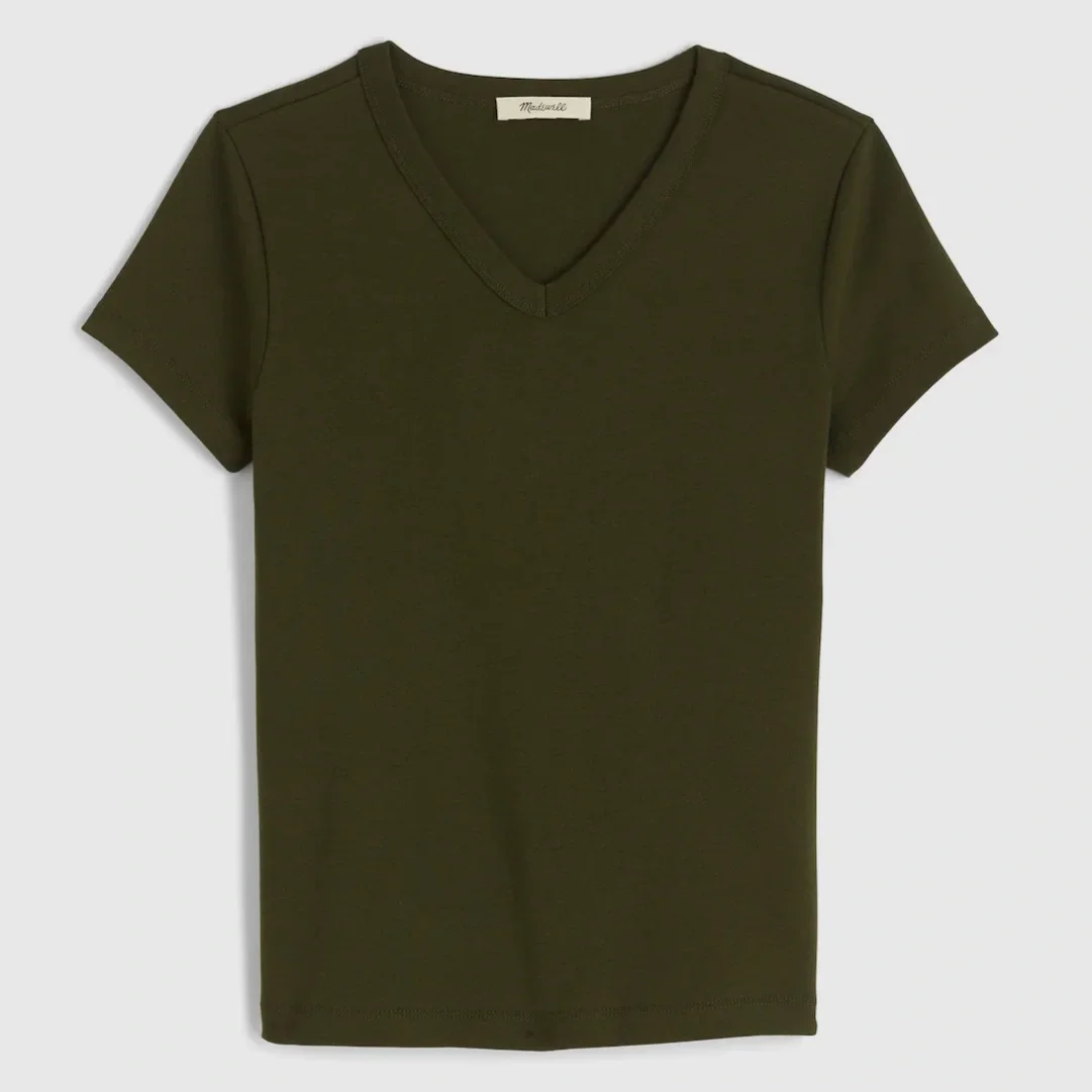 V-Neck Baby Tee in Compact Cotton - Bronzed Avocado