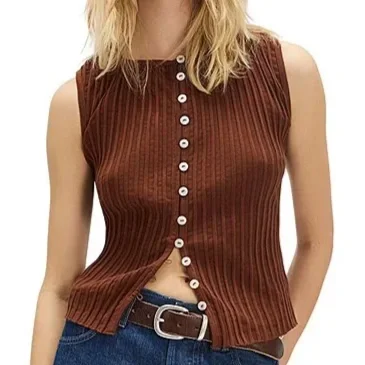 Free People Tilly Ribbed Knit Crew Neck Sleeveless Fitted Vest - Honey Bronze