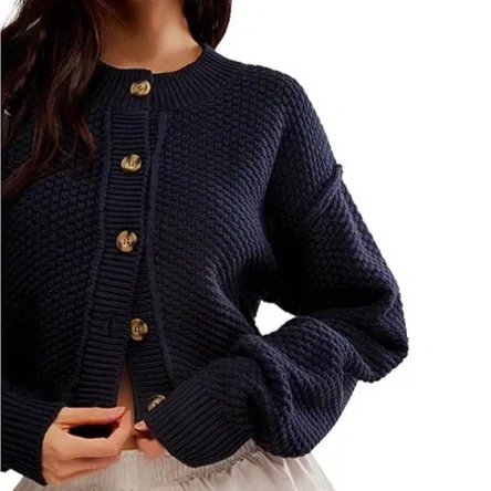 Free People Lila Textured Knit Button Front Long Sleeve Cardigan - Sky Captain