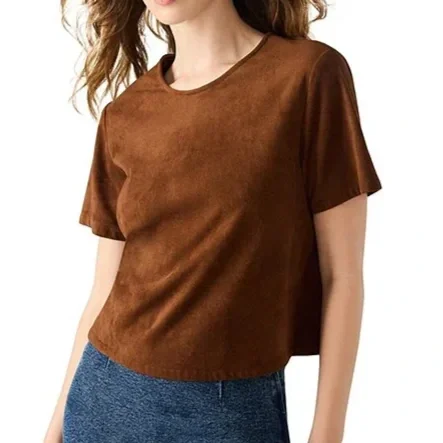 Steve Madden Ezra Faux Suede Crew Neck Short Sleeve Top - Chicory Coffee