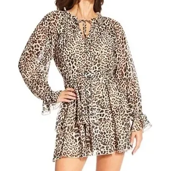 Lucy Paris Santino Leopard Print V-Neck Long Sleeve Mini Dress - Leopard