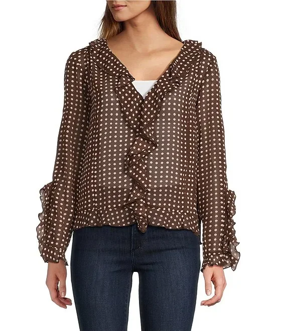 Lucy Paris Liza Dotted Woven Ruffle V-Neck Long Sleeve Top - Brown Cream