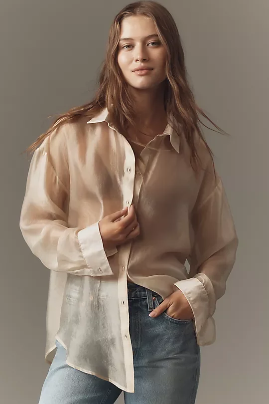 By Anthropologie Sheer Long-Sleeve Buttondown - Light Tan