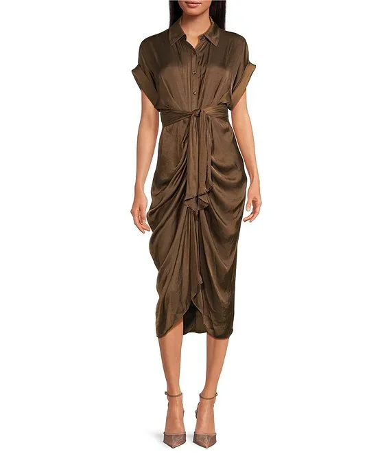 Steve Madden Tori Satin Point Collar Short Kimono Cuff Sleeve Belted Ruched Front Asymmetrical Hem Midi Shirt Dress - Coco