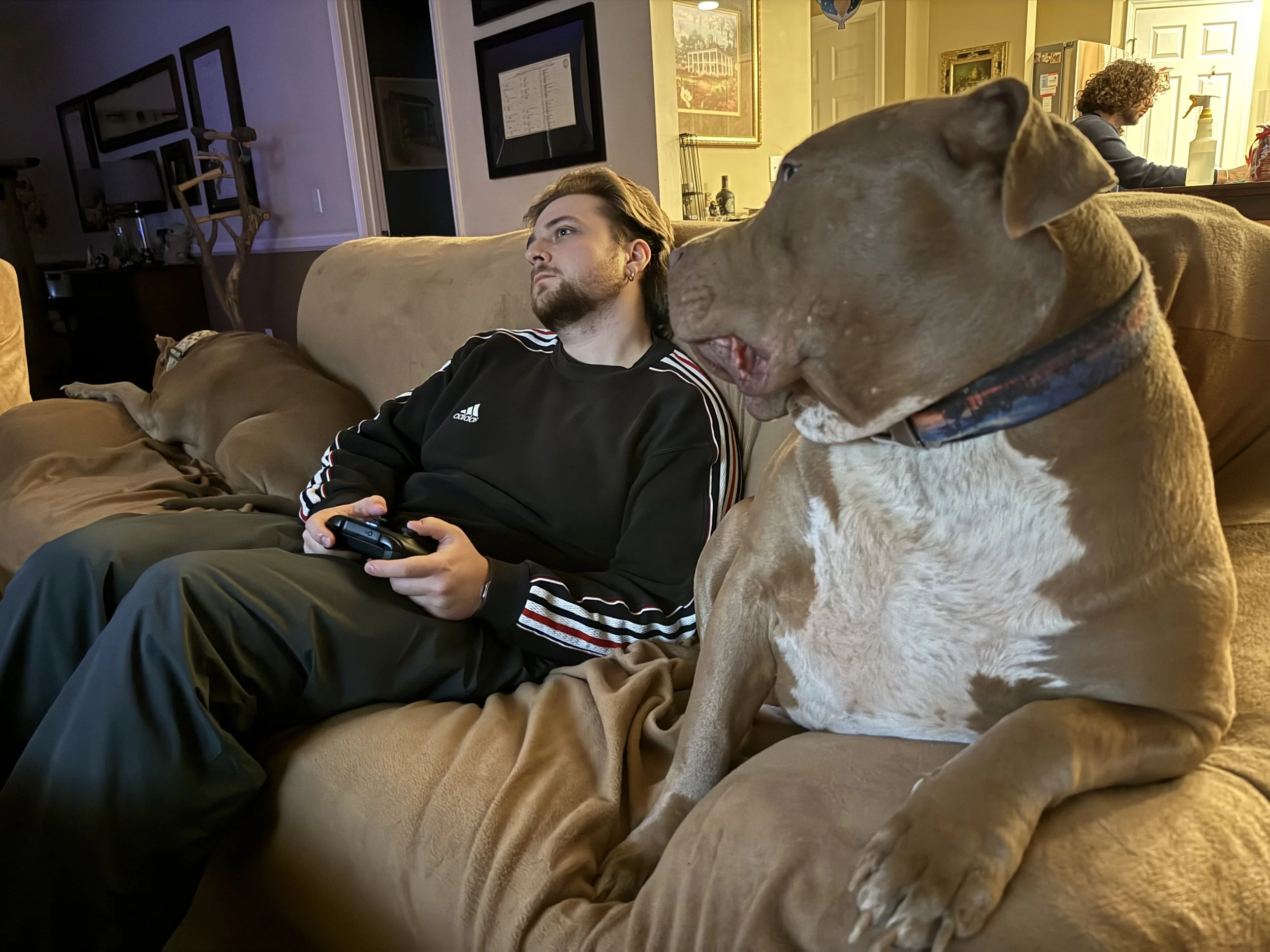 A man with brown hair and beard sitting on a beige couch, holding a game controller, with a large dog sitting beside him. The dog, a large breed with a yellow-brown coat and wearing a collar, is looking away. In the background, there is a person with curly hair and glasses sitting at a table, and a picture frame on the wall.