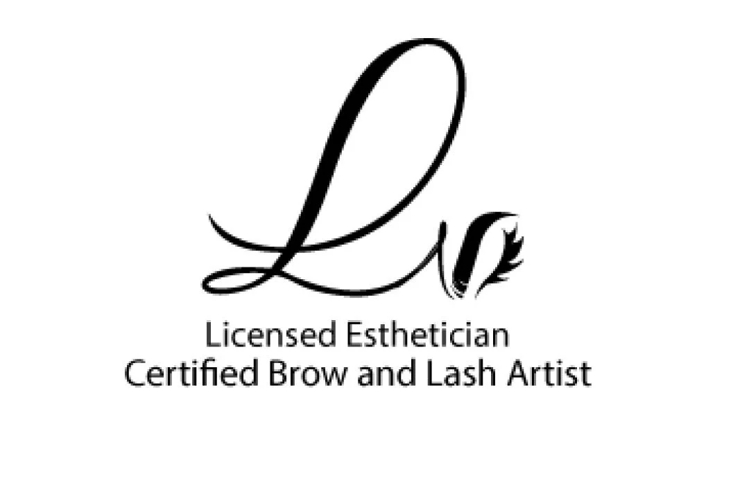 Logo with the letters L and a feather design, followed by the text "Licensed Esthetician Certified Brow and Lash Artist"
