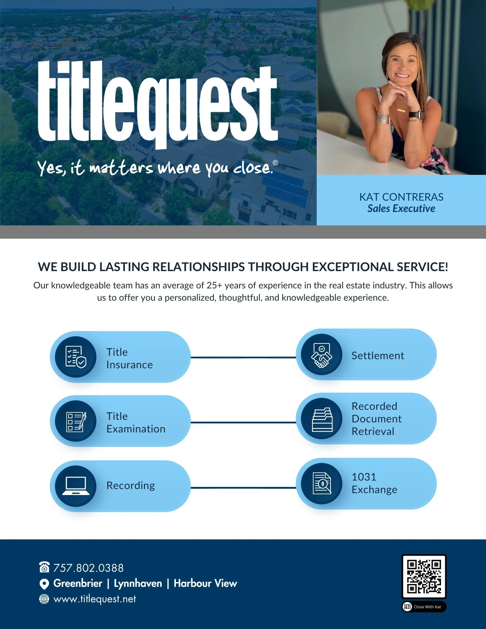 Real estate flyer with Titlequest logo and a woman smiling, promotional message about building lasting relationships, contact information, and a QR code.