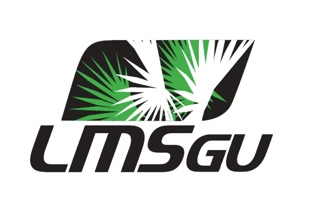 LMSGU logo with black, white, and green design featuring abstract palm leaves.