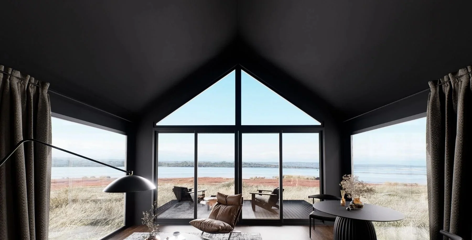 Lounge in a Wineglass Bay Estate retreat with gabled ceiling and floor-to-ceiling windows over Moulting Lagoon, Freycinet